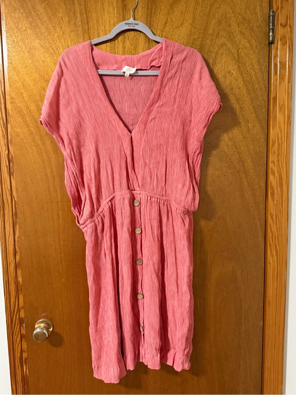Coral Pink V-Neck Button-Front Midi Dress